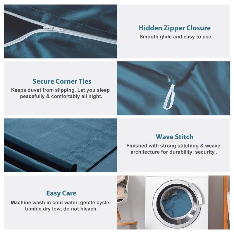 MILDLY 100% Long-Staple Cotton Duvet Cover Peacock Blue Morden Sateen Weave Luxury Comforter Cover Set King Size with Zipper Closure & Corner Tie (No Comforter) - Image 3